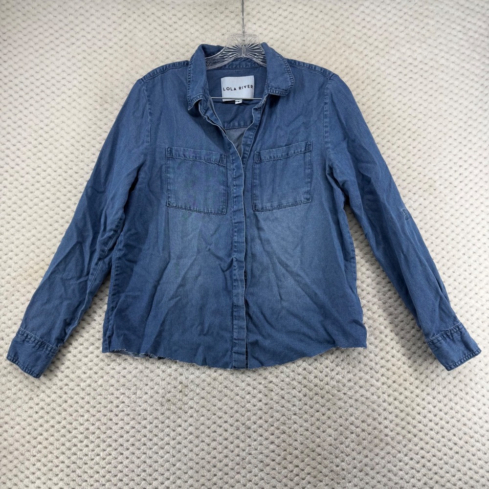 Lola River Button Down Shirt Womens Small Blue Tencel Frayed Hem Roll Tab Sleeve - Picture 2 of 8
